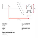 Trailer Hitch Ball Mount with 2"Ball, 4" Drop, 2" Receiver Class 3, 8.25"Length